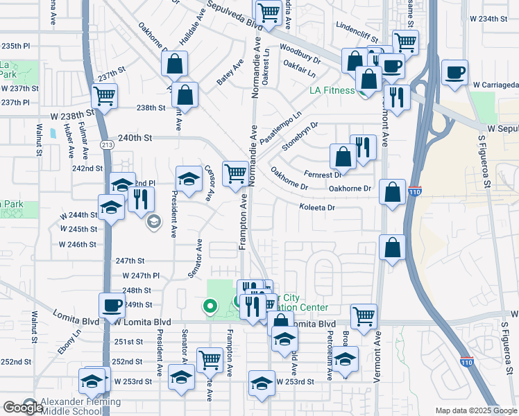 map of restaurants, bars, coffee shops, grocery stores, and more near 1224 243rd Street in West Carson