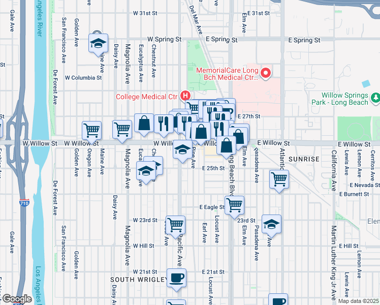 map of restaurants, bars, coffee shops, grocery stores, and more near 2553 Pine Avenue in Long Beach