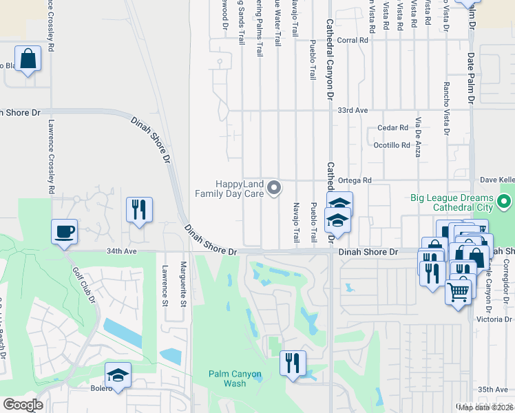 map of restaurants, bars, coffee shops, grocery stores, and more near 33640 Shifting Sands Trail in Cathedral City