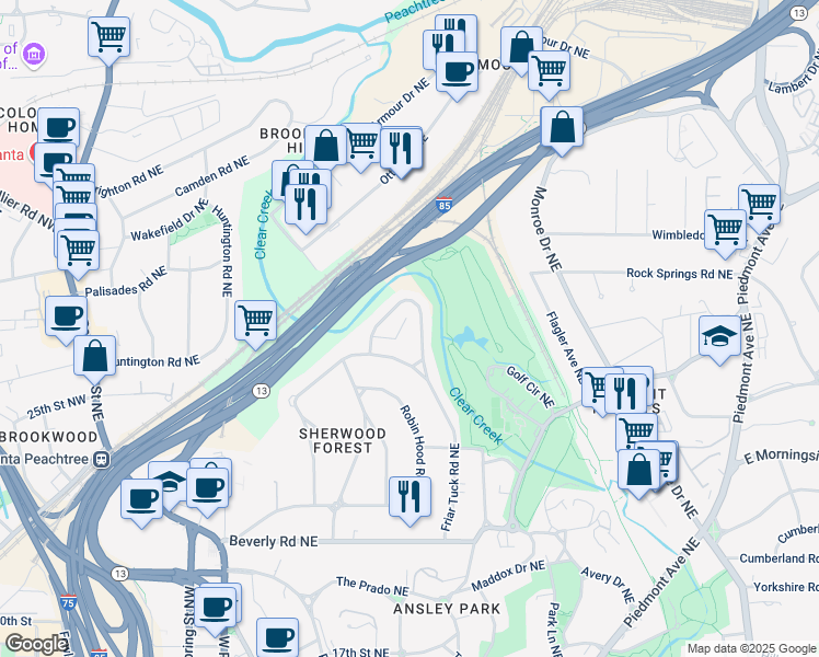 map of restaurants, bars, coffee shops, grocery stores, and more near 219 Little John Trail Northeast in Atlanta