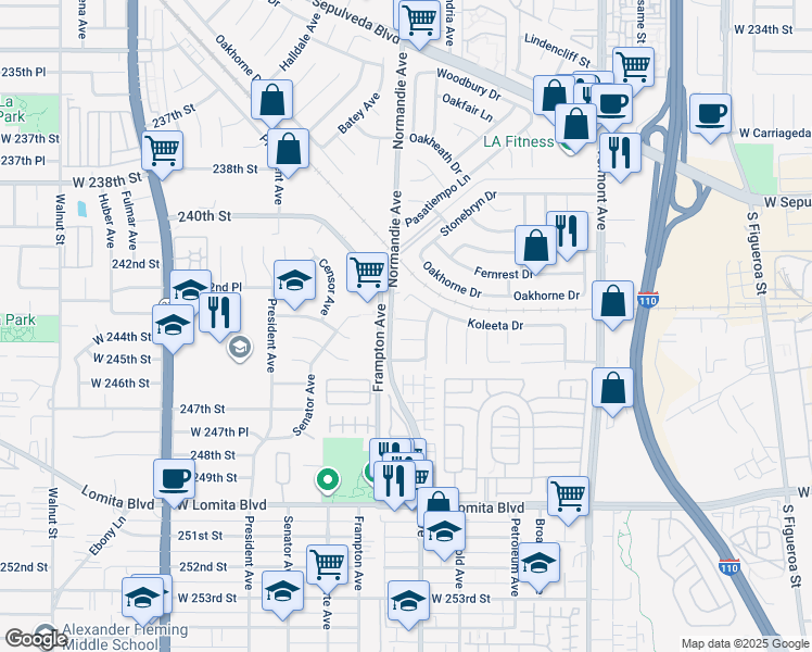 map of restaurants, bars, coffee shops, grocery stores, and more near 1224 243rd Street in West Carson