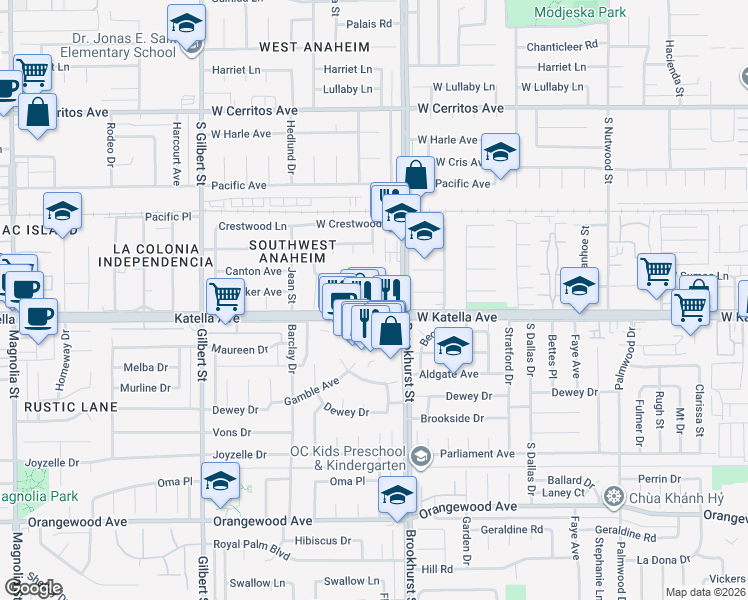 map of restaurants, bars, coffee shops, grocery stores, and more near 1765 South Biscayne Court in Anaheim