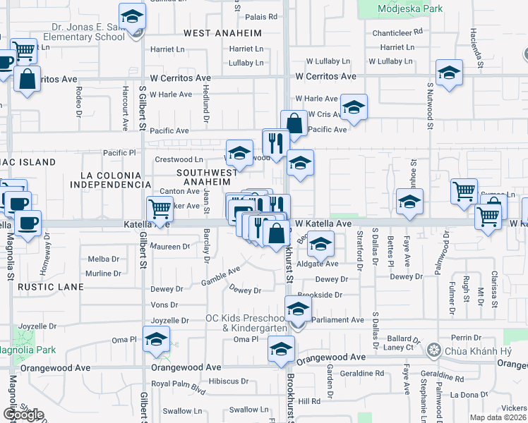 map of restaurants, bars, coffee shops, grocery stores, and more near 1765 South Biscayne Court in Anaheim