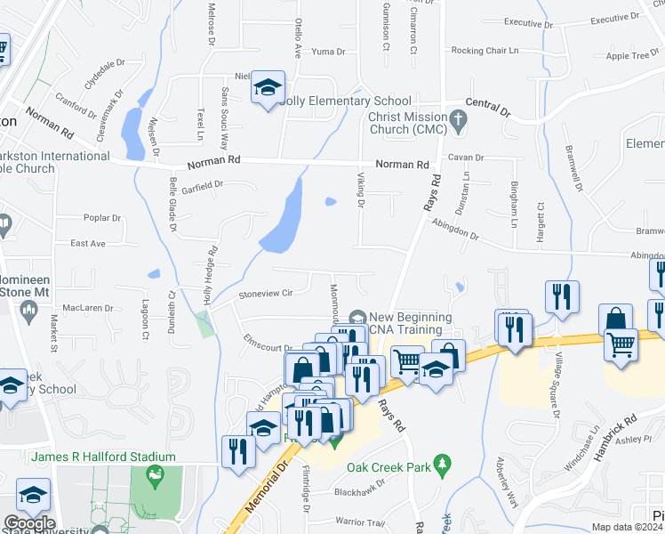 map of restaurants, bars, coffee shops, grocery stores, and more near 4066 Bontura Court in Stone Mountain