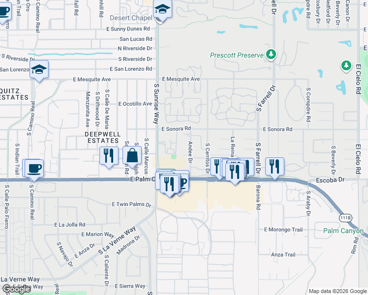map of restaurants, bars, coffee shops, grocery stores, and more near 1930 East Renee Circle in Palm Springs