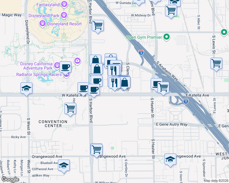 map of restaurants, bars, coffee shops, grocery stores, and more near 321 West Katella Avenue in Anaheim