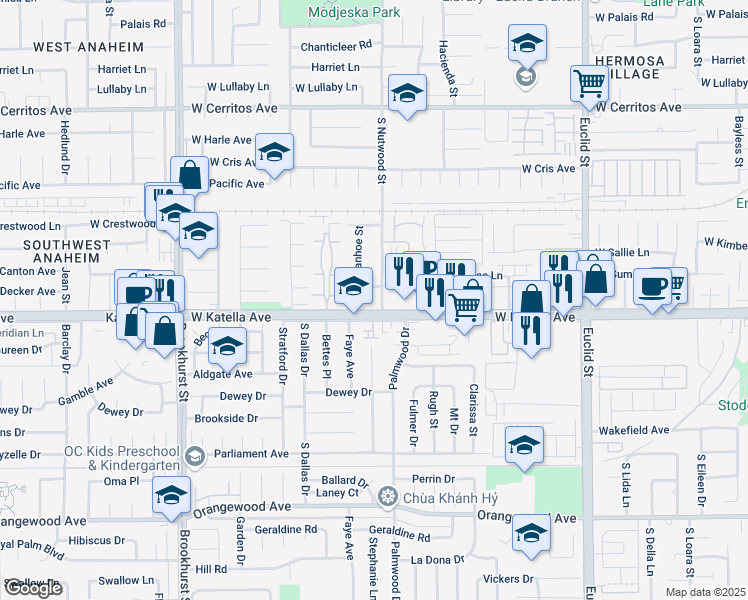 map of restaurants, bars, coffee shops, grocery stores, and more near 1734 South Ivanhoe Street in Anaheim