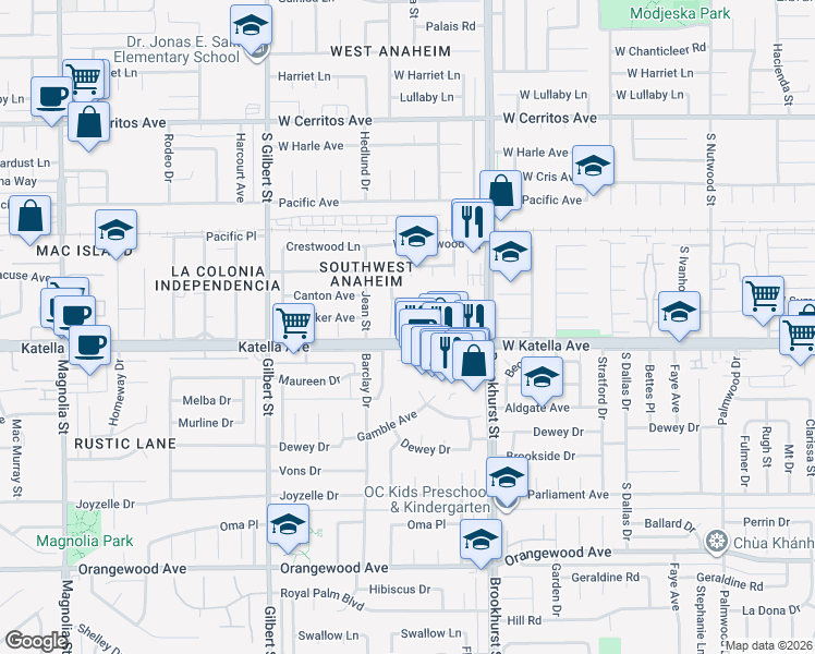 map of restaurants, bars, coffee shops, grocery stores, and more near 1754 South Rainier Court in Anaheim
