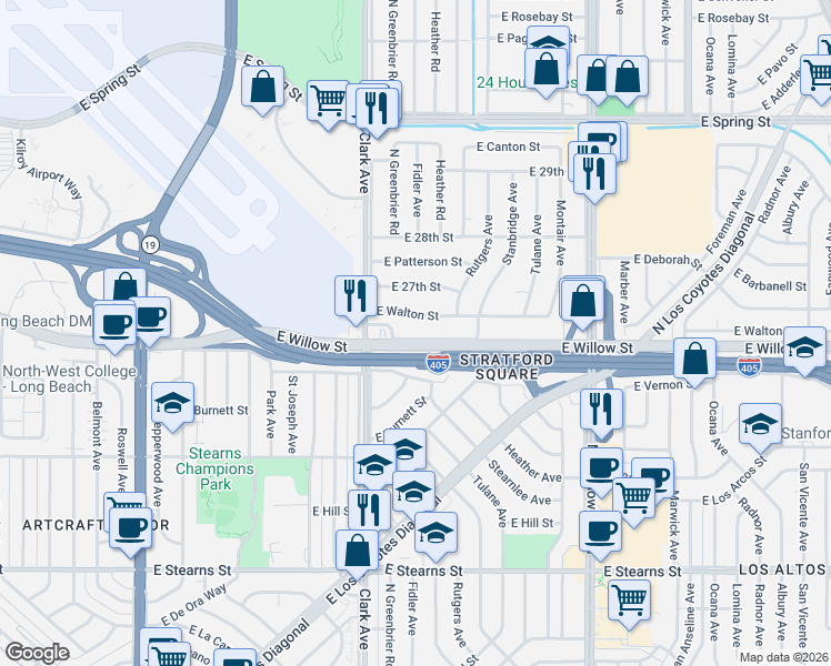 map of restaurants, bars, coffee shops, grocery stores, and more near 5170 East Walton Street in Long Beach