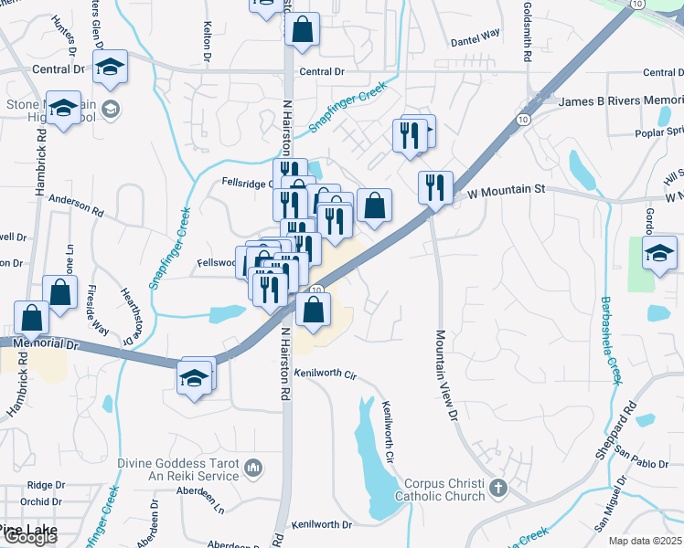 map of restaurants, bars, coffee shops, grocery stores, and more near 6098 Memorial Drive in Stone Mountain