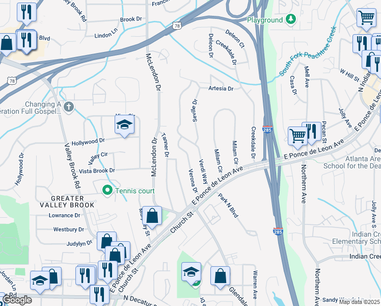 map of restaurants, bars, coffee shops, grocery stores, and more near 877 Verona Drive in Clarkston