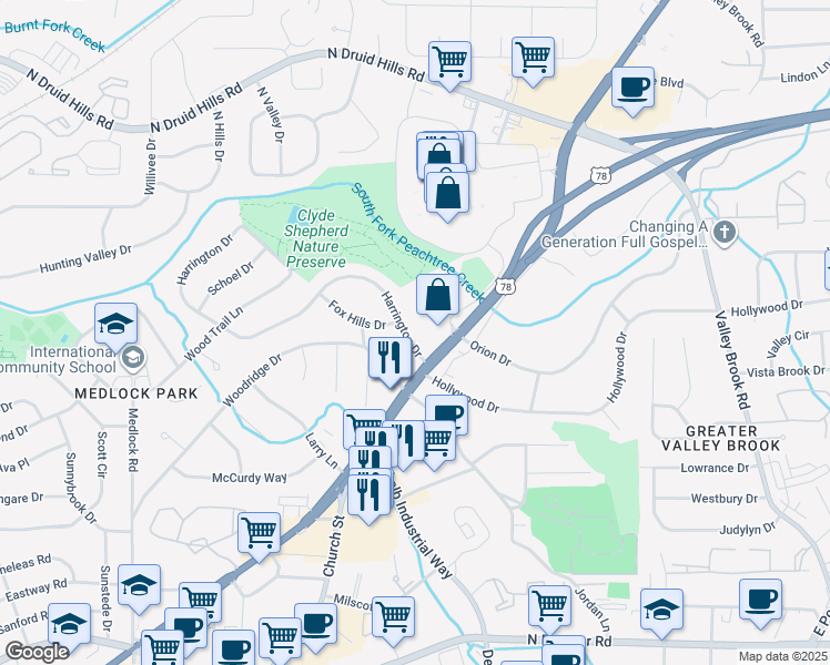 map of restaurants, bars, coffee shops, grocery stores, and more near 2722 Harrington Drive in Decatur