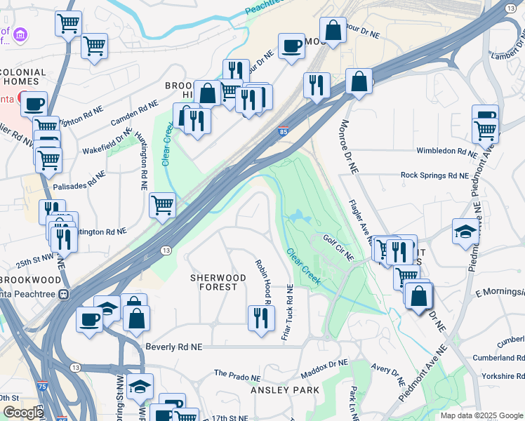 map of restaurants, bars, coffee shops, grocery stores, and more near 219 Little John Trail Northeast in Atlanta