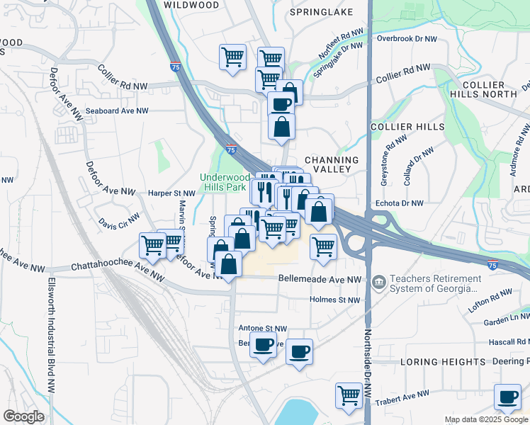 map of restaurants, bars, coffee shops, grocery stores, and more near in Atlanta