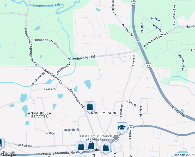 map of restaurants, bars, coffee shops, grocery stores, and more near 3666 Glenda Street in Lithia Springs