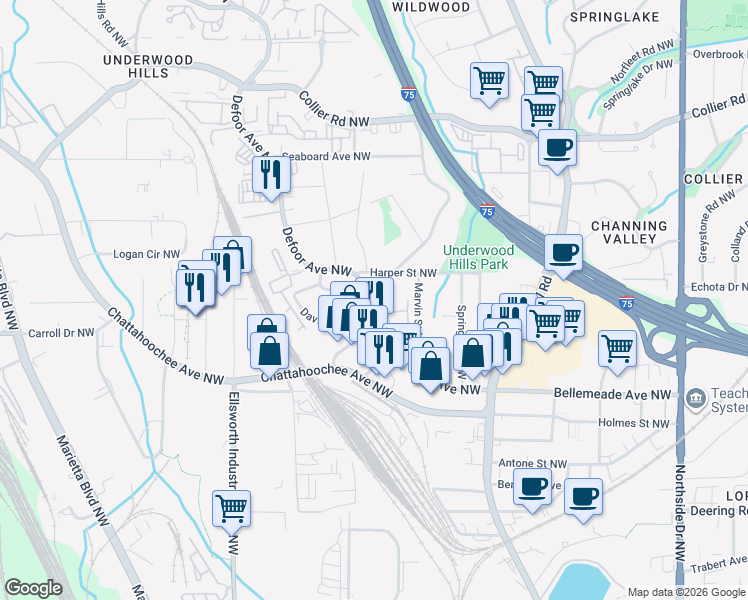 map of restaurants, bars, coffee shops, grocery stores, and more near 1776 Defoor Avenue Northwest in Atlanta