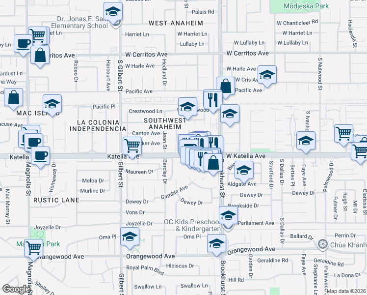 map of restaurants, bars, coffee shops, grocery stores, and more near 1754 South Rainier Court in Anaheim