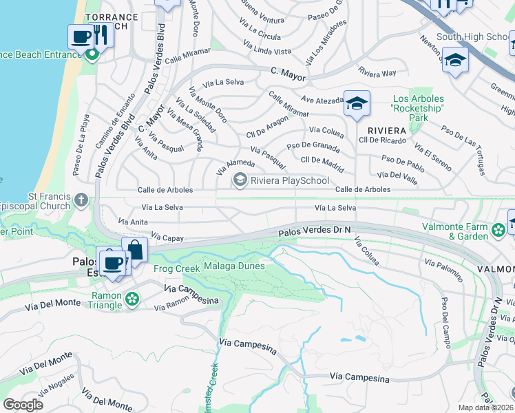 map of restaurants, bars, coffee shops, grocery stores, and more near 2921 Vía La Selva in Palos Verdes Estates