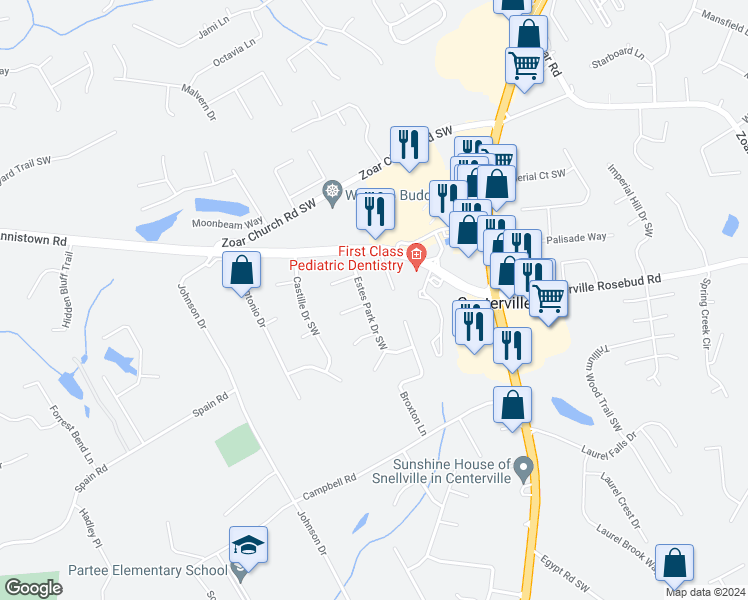 map of restaurants, bars, coffee shops, grocery stores, and more near 3426 Estes Park Drive Southwest in Snellville