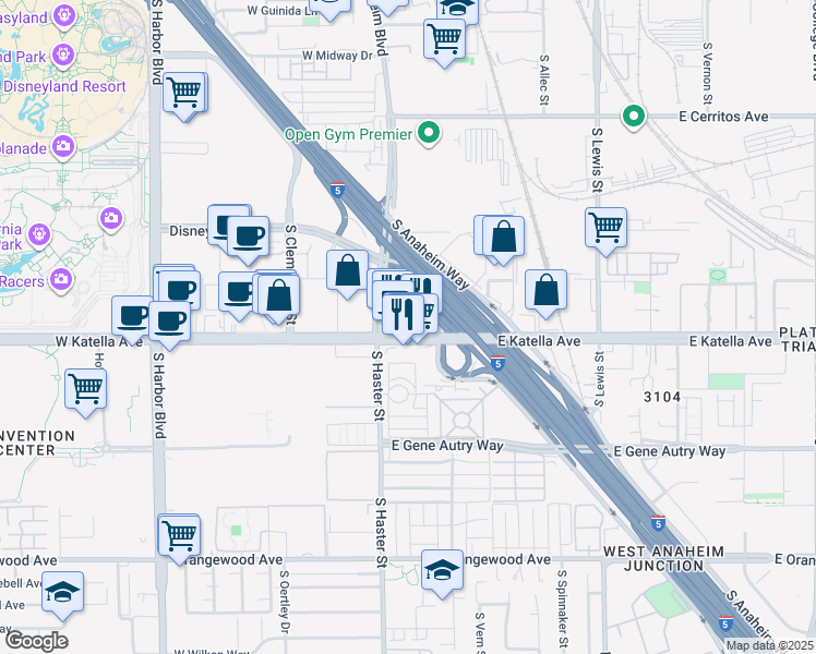 map of restaurants, bars, coffee shops, grocery stores, and more near 121 East Katella Avenue in Anaheim