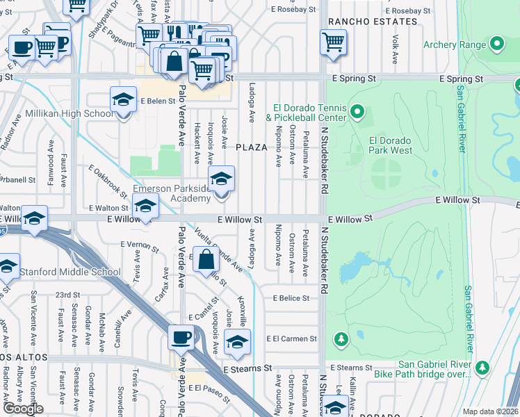 map of restaurants, bars, coffee shops, grocery stores, and more near 2609 Monogram Avenue in Long Beach