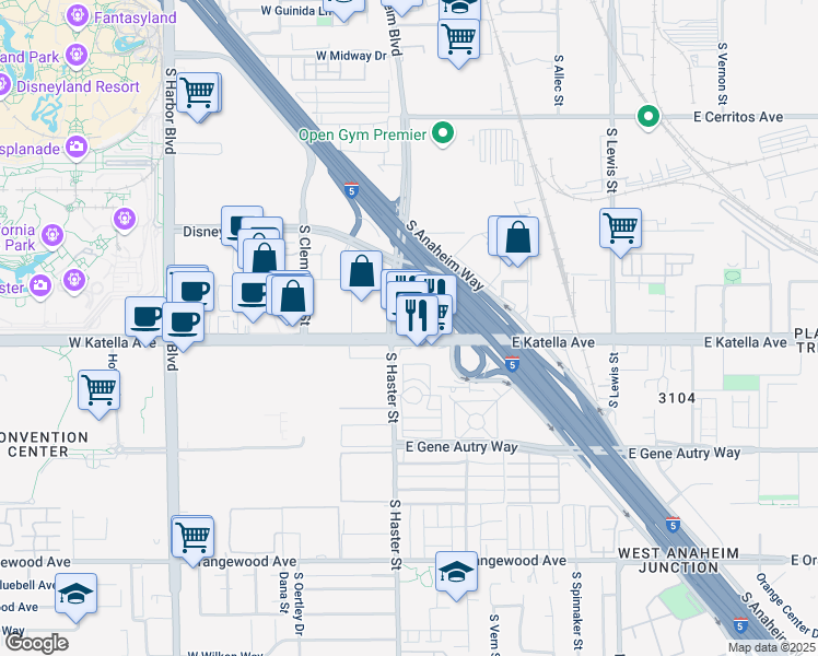 map of restaurants, bars, coffee shops, grocery stores, and more near 121 East Katella Avenue in Anaheim