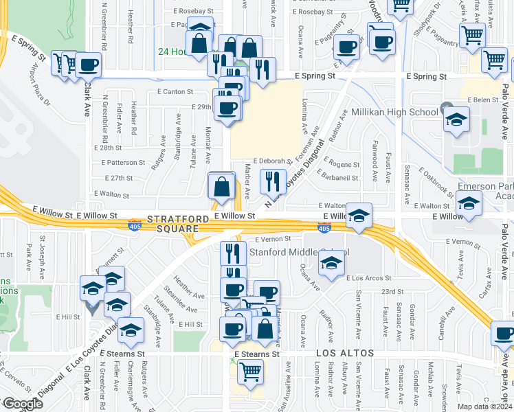 map of restaurants, bars, coffee shops, grocery stores, and more near 2616 Foreman Avenue in Long Beach