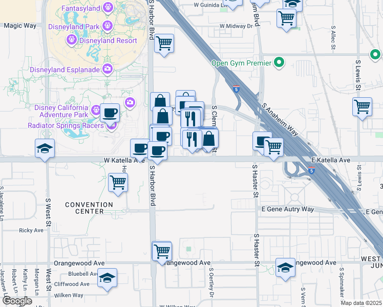 map of restaurants, bars, coffee shops, grocery stores, and more near 321 West Katella Avenue in Anaheim