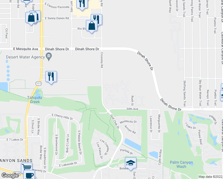map of restaurants, bars, coffee shops, grocery stores, and more near 6074 Fairway Circle in Palm Springs