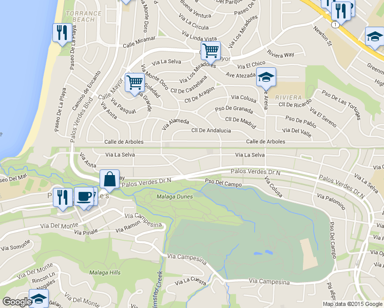 map of restaurants, bars, coffee shops, grocery stores, and more near 2921 Vía La Selva in Palos Verdes Estates