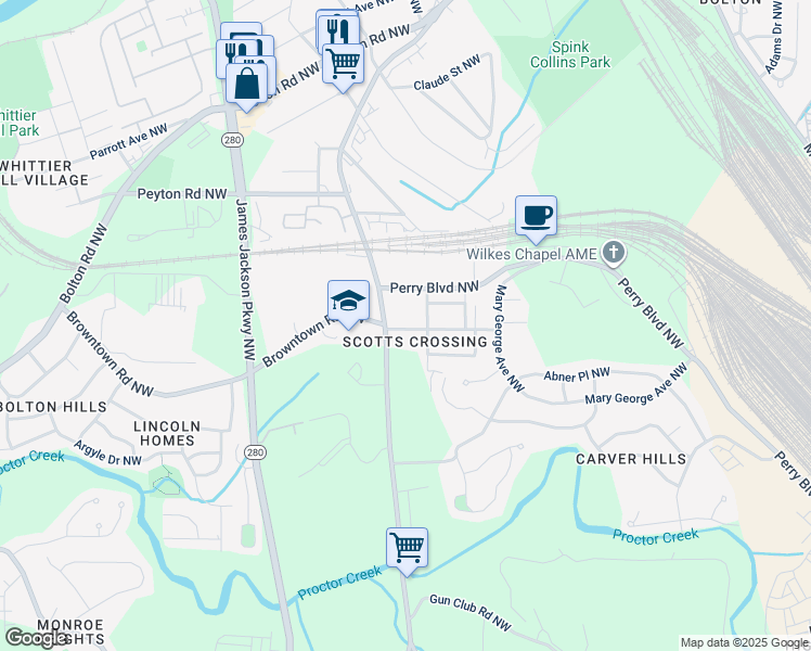 map of restaurants, bars, coffee shops, grocery stores, and more near 2471 Main Street Northwest in Atlanta