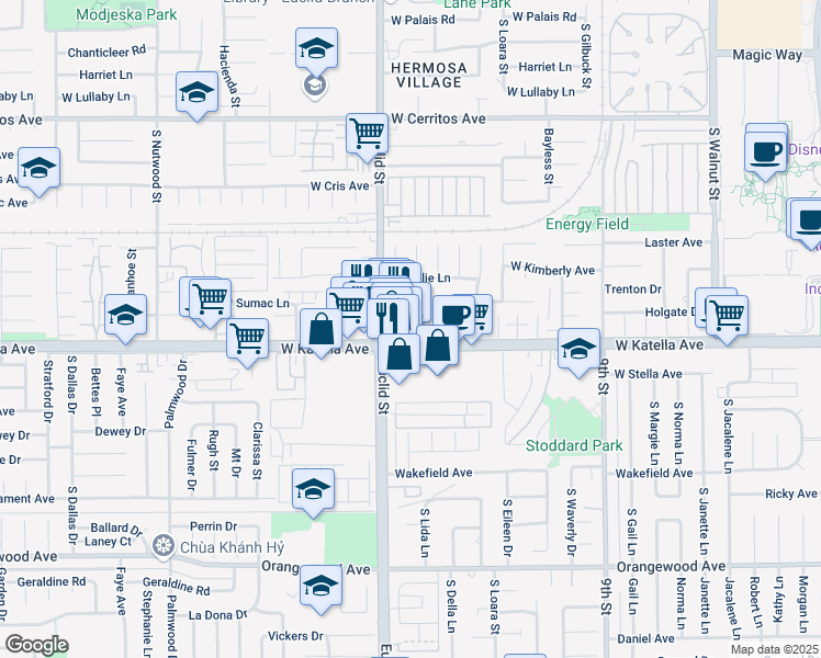 map of restaurants, bars, coffee shops, grocery stores, and more near 1734 South Euclid Street in Anaheim