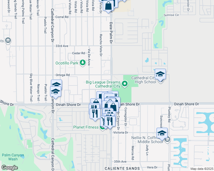 map of restaurants, bars, coffee shops, grocery stores, and more near Date Palm Drive in Cathedral City