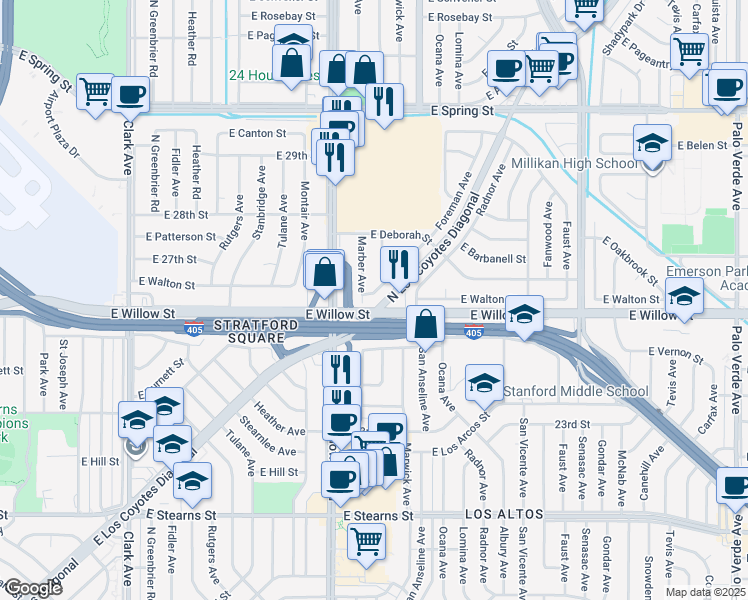 map of restaurants, bars, coffee shops, grocery stores, and more near 2616 Foreman Avenue in Long Beach
