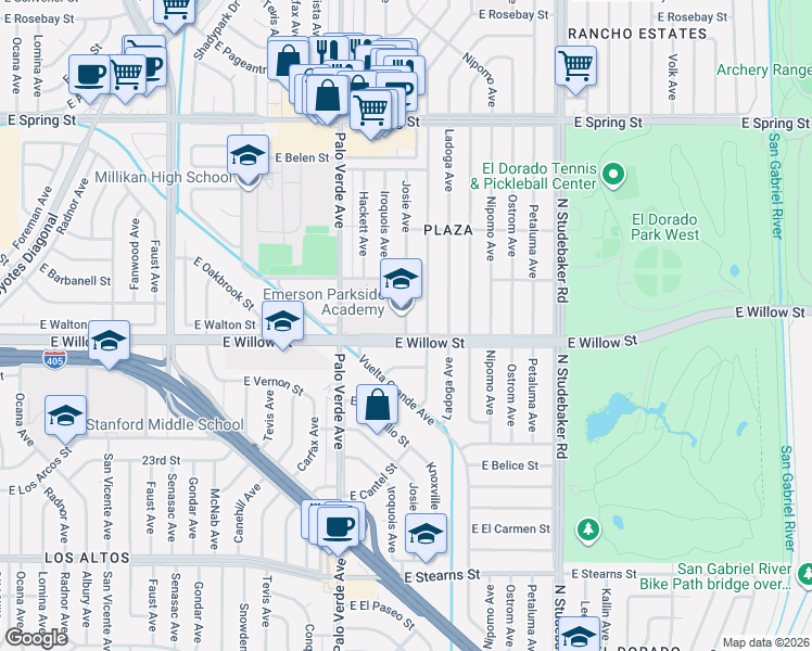 map of restaurants, bars, coffee shops, grocery stores, and more near a2625 Josie Avenue in Long Beach
