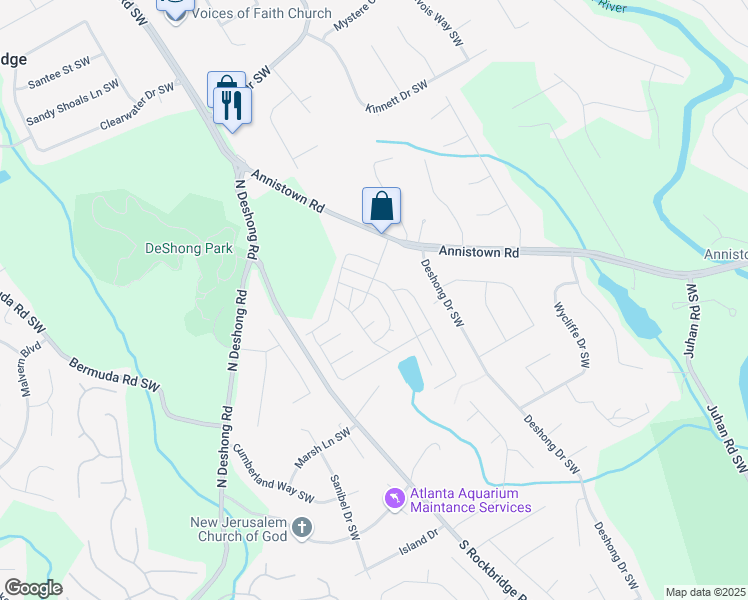 map of restaurants, bars, coffee shops, grocery stores, and more near 585 Overlook Drive in Stone Mountain