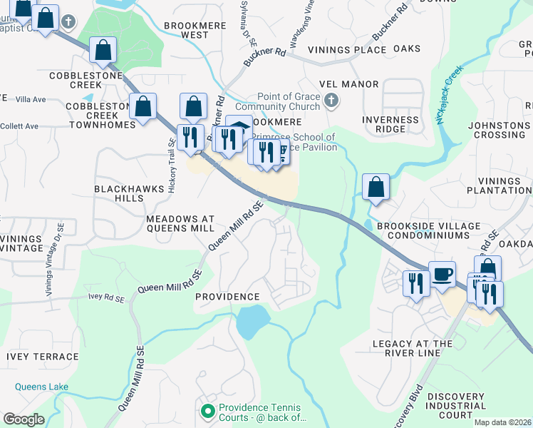 map of restaurants, bars, coffee shops, grocery stores, and more near 6221 Providence Club Drive in Mableton