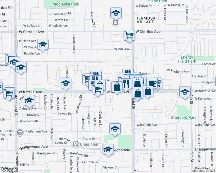 map of restaurants, bars, coffee shops, grocery stores, and more near 1701 South Humor Drive in Anaheim