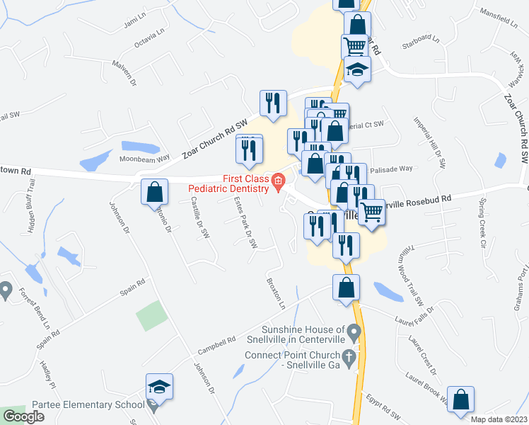 map of restaurants, bars, coffee shops, grocery stores, and more near 3458 Winston Mason Drive Southwest in Snellville