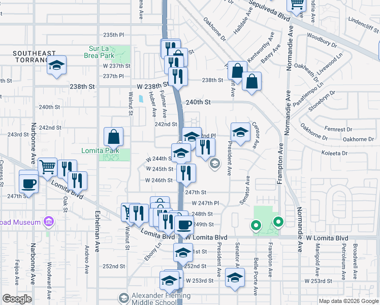 map of restaurants, bars, coffee shops, grocery stores, and more near 24300 South Western Avenue in Los Angeles
