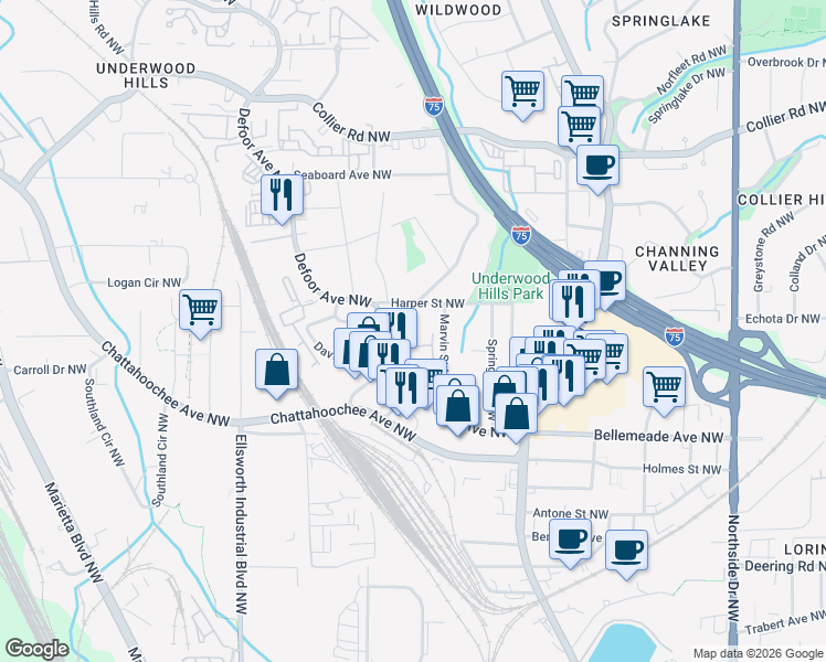 map of restaurants, bars, coffee shops, grocery stores, and more near 1769 Defoor Avenue Northwest in Atlanta