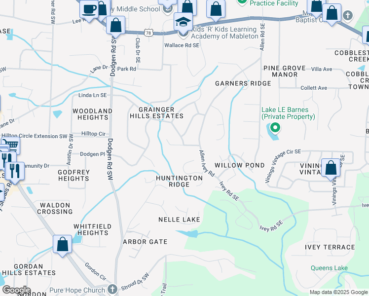 map of restaurants, bars, coffee shops, grocery stores, and more near 86 Regency Way Southeast in Mableton