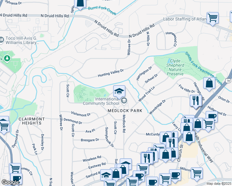 map of restaurants, bars, coffee shops, grocery stores, and more near 899 Gaylemont Circle in Decatur