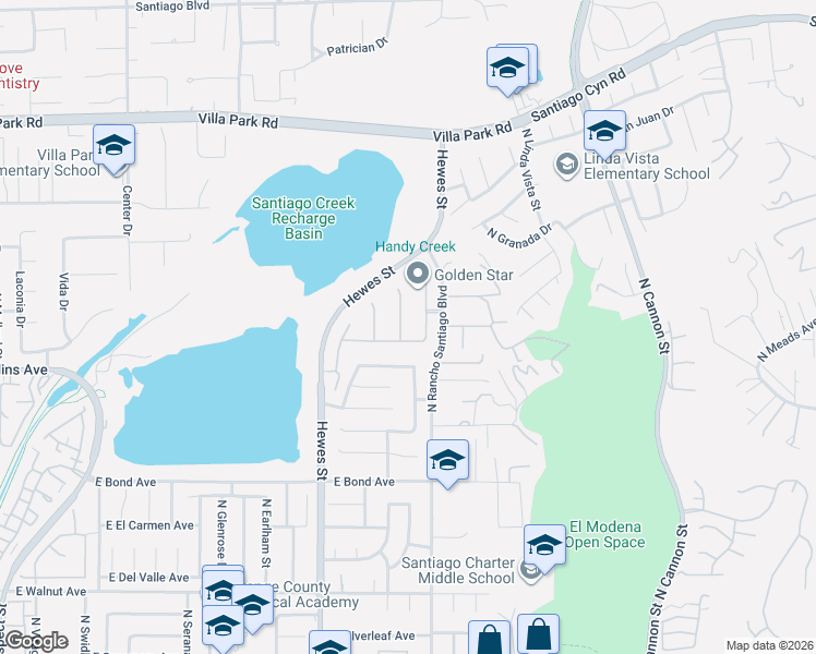map of restaurants, bars, coffee shops, grocery stores, and more near 979 North Antonio Circle in Orange