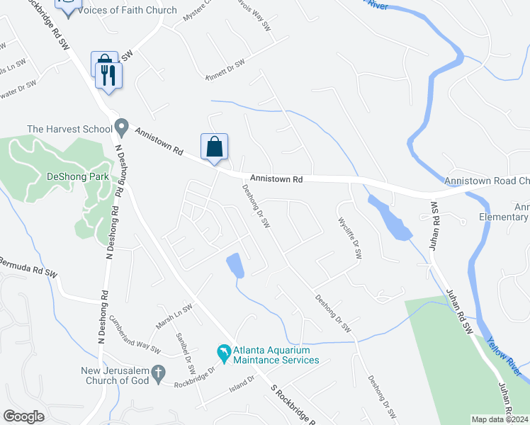 map of restaurants, bars, coffee shops, grocery stores, and more near 2906 Deshong Drive Southwest in Stone Mountain