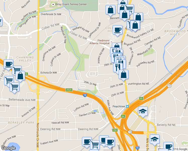map of restaurants, bars, coffee shops, grocery stores, and more near 377 Ardmore Court Northwest in Atlanta