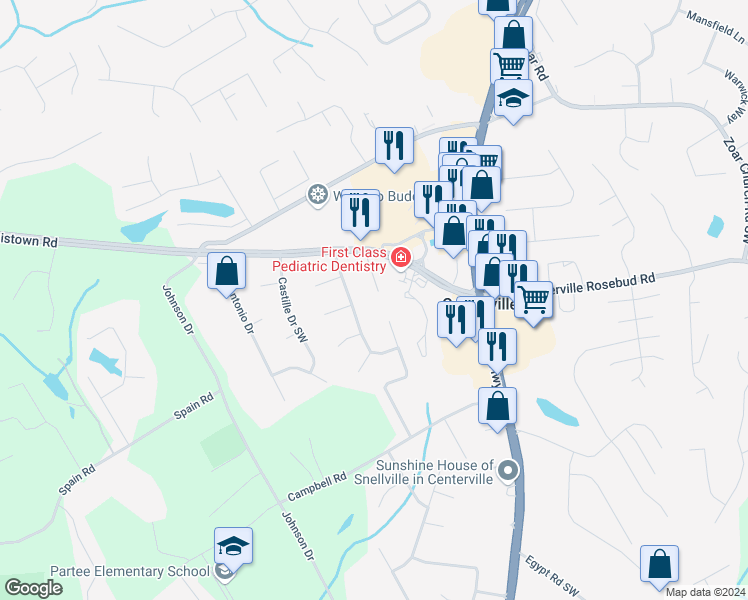 map of restaurants, bars, coffee shops, grocery stores, and more near 3457 Winston Mason Drive Southwest in Snellville
