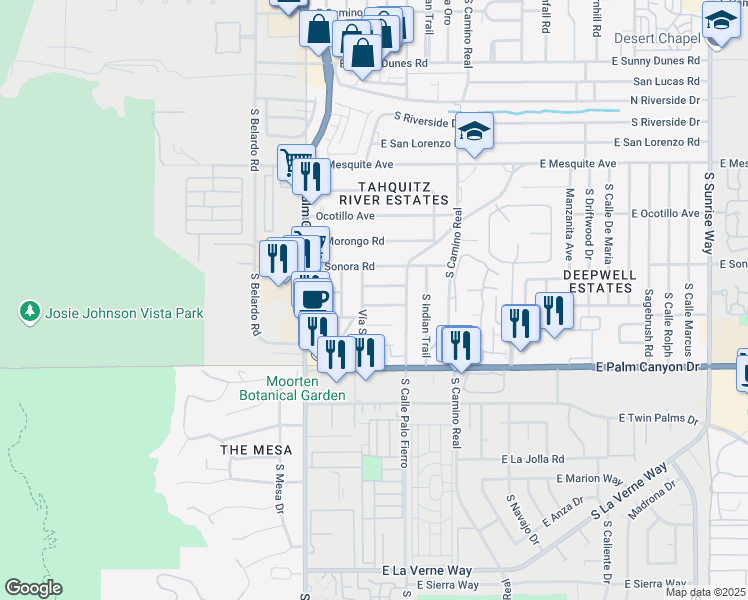 map of restaurants, bars, coffee shops, grocery stores, and more near 424 East Avenue Hokona in Palm Springs