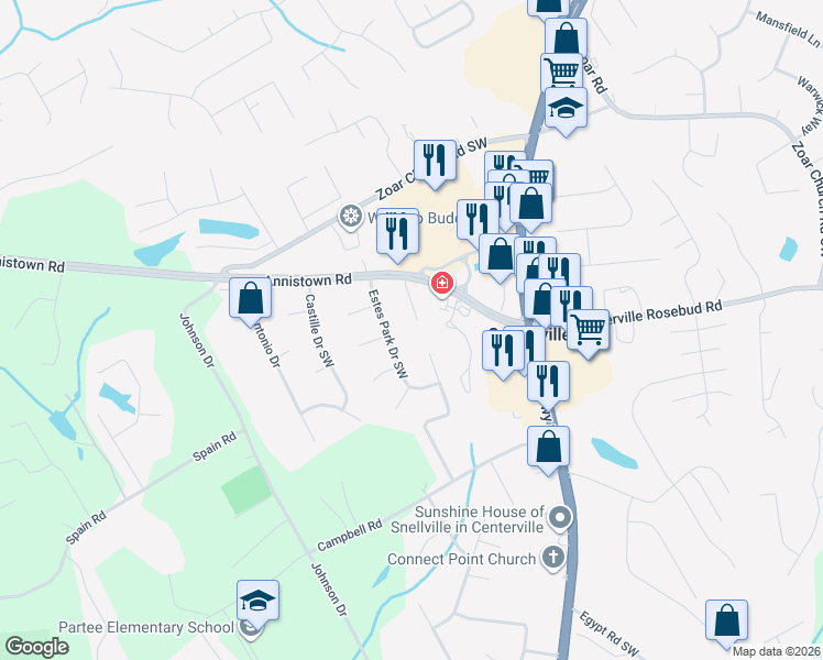 map of restaurants, bars, coffee shops, grocery stores, and more near 3457 Winston Mason Drive Southwest in Snellville