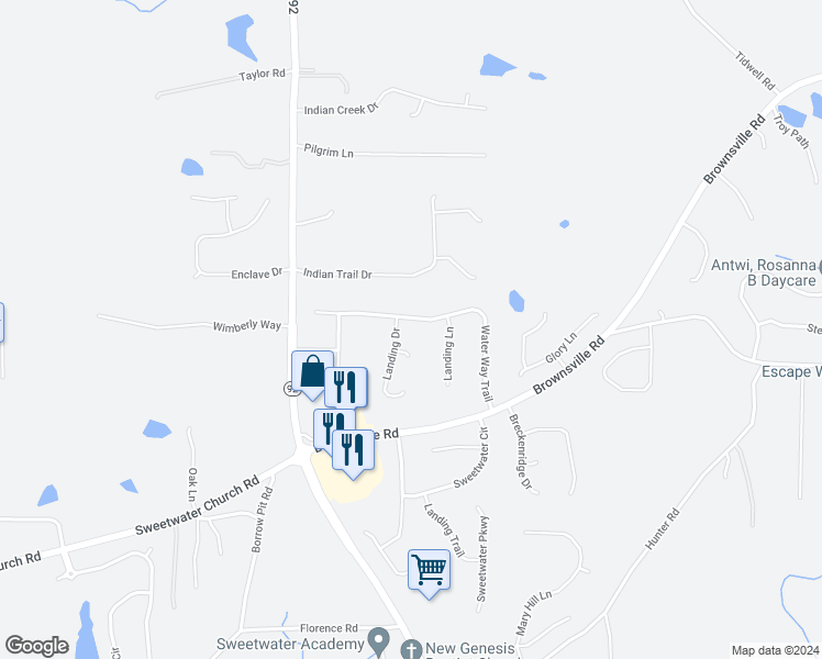 map of restaurants, bars, coffee shops, grocery stores, and more near 379 Waterway Trail in Powder Springs